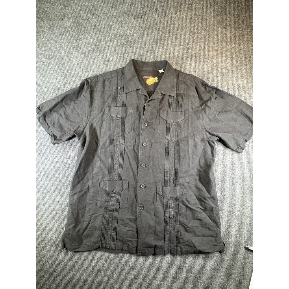 Caribbean Mens Black Linen Blend Guayabera Short Sleeve Embroidered Shirt Large